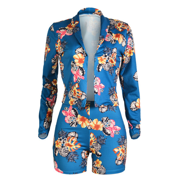 Fashion Women Two Pieces Shorts Set Spring Autumn Long Sleeve Floral Print Outfits Elastic Waist Shorts Girls Suit Sets S-XL