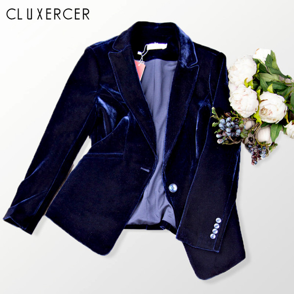 2019 New Velvet Women Blazer Black Blue Elegant Lady Blazers Suits Spring Fall Plus Size Long Sleeve Slim Office Suit Jacket