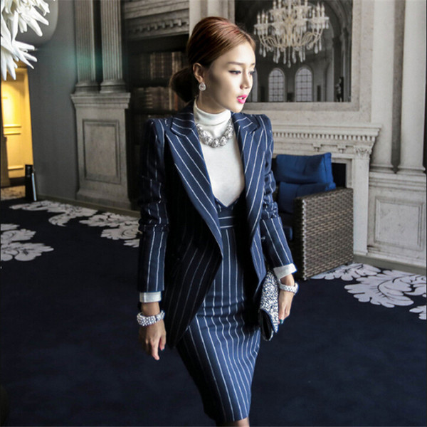 Wholesale-Women Blazer Suits Elegante With Skirt Cotton Striped Women Autumn Spring Blazer+Dress 2 Pieces Set For Women Clothes M91423