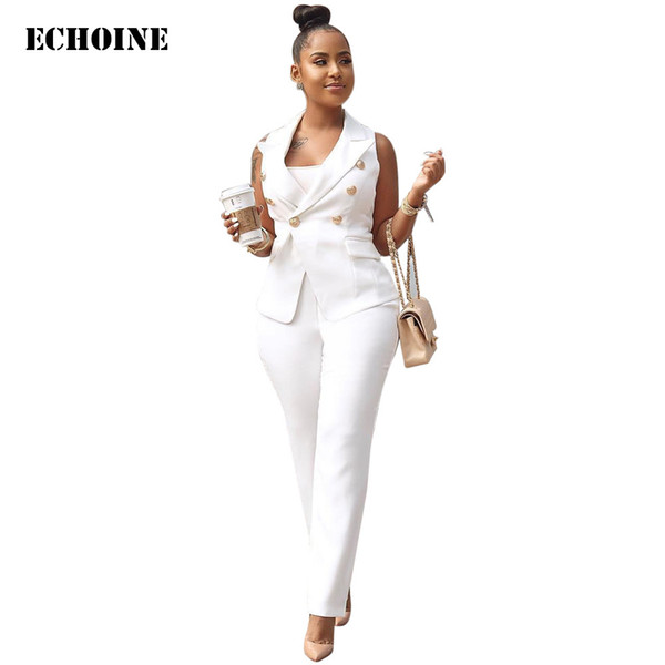 office Ladies Blazer Suit 2 Piece set Summer Elegant Work Pants Suits Turn-down Sleeveless Double Breasted Blazer Trousers