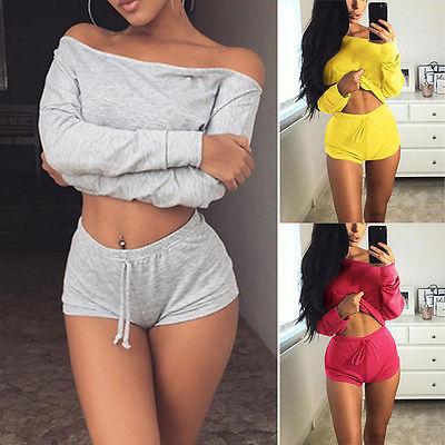 Fashion Summer Two Piece Set Sexy Women Crop Top Off Shoulder Shirt Lace Up Shorts Pants Trouser Outfits Casual Tracksuit