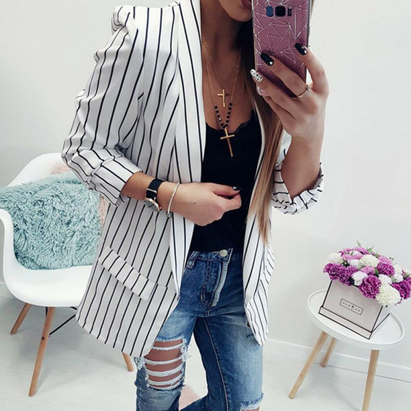 ROPALIA Women Slim Fit Formal Jackets Office Lady Work Open Front Notched Ladies Blazer Coat Stripes Casual Blazers