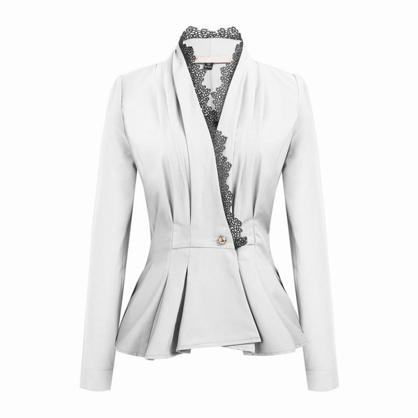 Pydownlake Spring Autumn V Neck Blazer Women Slim Lace Patchwork Tops Blazer Female Cardigan OL Work Small Suit Jacket Button Coat