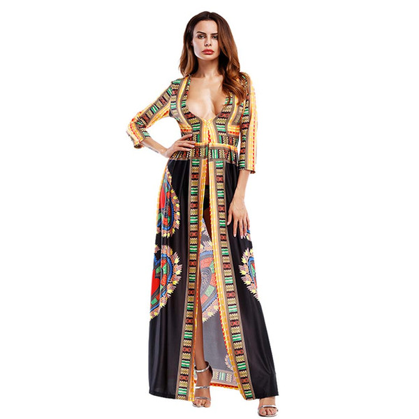 New Party African Print Long Maxi Dresses Three Quarter Sleeves Summer Pencil Bodycon Dress 2017 Women Casual Traditional
