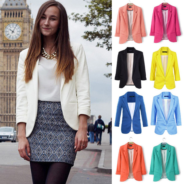Free Shipping 2017 Fashion Womens 3/4 Sleeve Candy Color Polyester Blazer Casual Jacket Suit Coat Plus Size S-2XL CL244