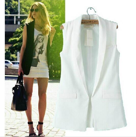 2016 Spring Summer White Black Women Formal Suit Vest Feminino Ladies Sleeveless Jackets Single Button Long Patchwork Waistcoat