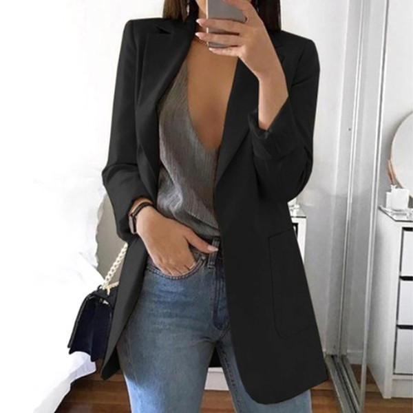With Pockets All- Solid Slim Fit Daily Wear Work Party Casual Turn-down Collar Long Sleeve Women Blazer Club Cocktail