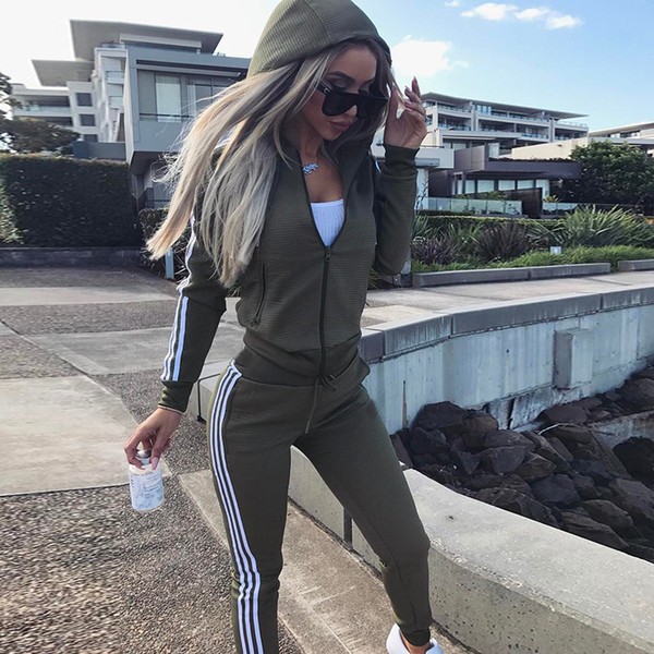 Tracksuit Women Brand 2017 Casual 2 Piece Set Sweatshirt Pants Suit Zipper Hooded Jacket Striped Track Suit Female Outfits Set