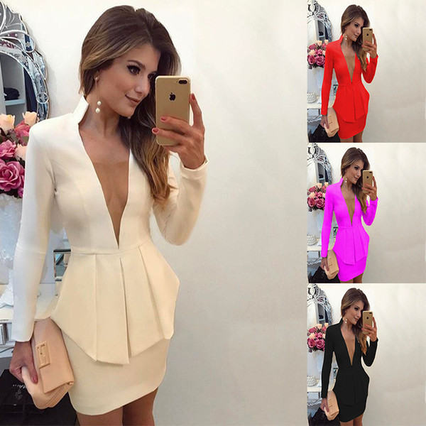 New fashion sexy deep v bag hip suit set pure color long sleeve skirt dress set wholesale free of postage