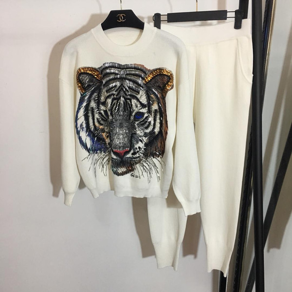 Designer Black/White/Gray Tiger Sequins Beads Pullovers And Long Pants Brand Same Style2 Pieces Sets For Womens And Mens 837899