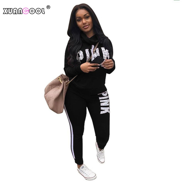 XUANCOOL 2018 New PINK Women's Tracksuits Long Sleeve Top+Full Pants Two Piece Women Outfits Sportswear Casual Plus Size S-XXXL