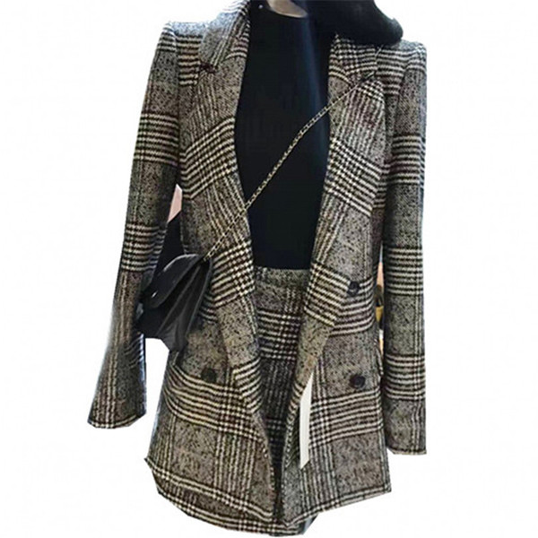 Two-pieces Set Autumn Winter Women Houndstooth Skirt Suits Casual Woolen Plaid Blazer + Skirt Set Suits Female Office A784