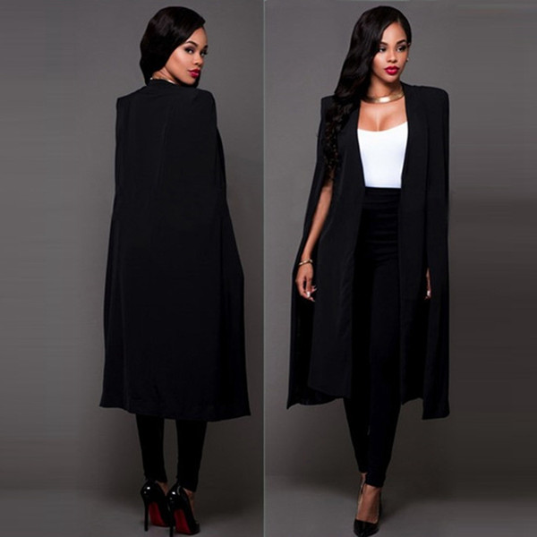 New 2016 Spring Autumn Women Plus Size Long Cape Blazers and Jackets Sexy Black White Runway Cloak Long Sleeve Club Party Blazer