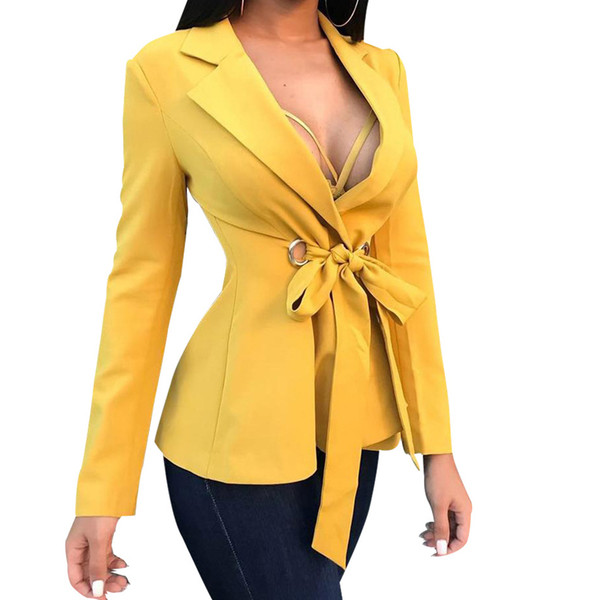 Women Office Blazers New Fashion OL Business Suits Outfit Bow Tops Thin Feminino Cardigan Outwear Workwear Overall Yellow M0510
