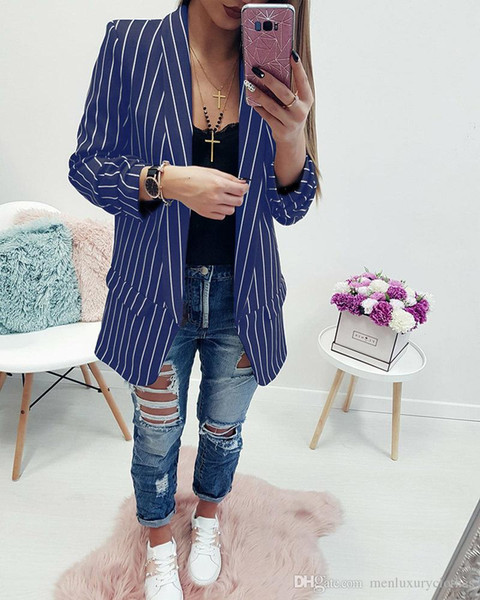 Women Striped Blazers V Turn Down Collar Without Button Coats Jackets Tops Clothing Blazer