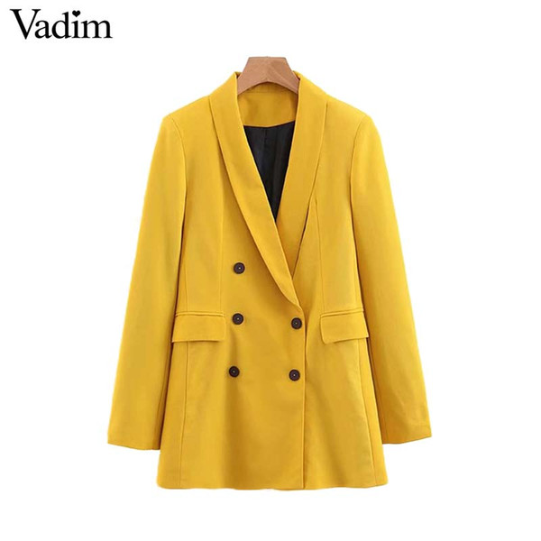 Vadim women chic yellow blazer pockets double breasted long sleeve office wear coat solid female casual outerwear tops CA365