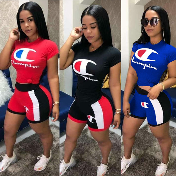 women Champions tracksuit Letter two piece set Leisure jogging outfits short sleeve t-shirt boducon shorts yoga suit plus size s-2xl 221