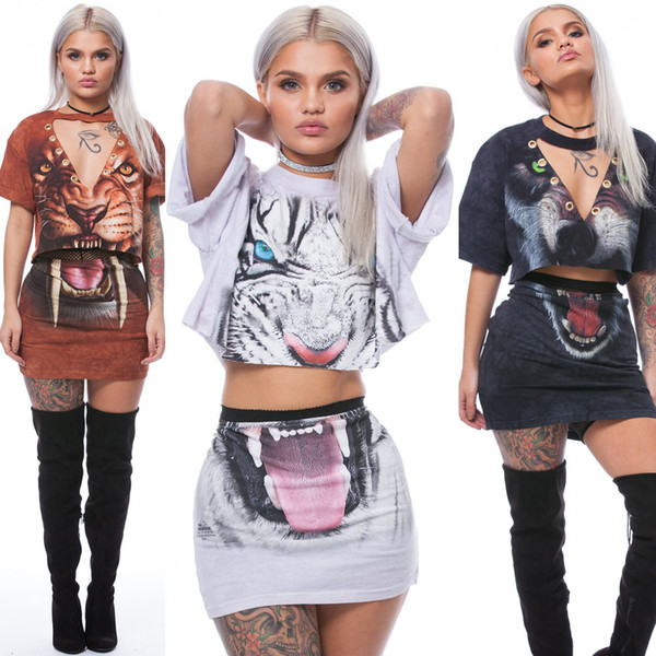 2017 Summer 3D Printed Tiger Panther Two Piece Set Dress Women Short Sleeve Cropped T Shirt Tops and Skirt 2 Piece Outfits
