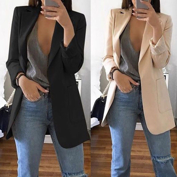 2019 New Women's Blazers Spring Autumn Long Sleeve Casual Sexy Lapel Coat Solid Color Slim Fit Cardigan Outdoor Work Style Suit