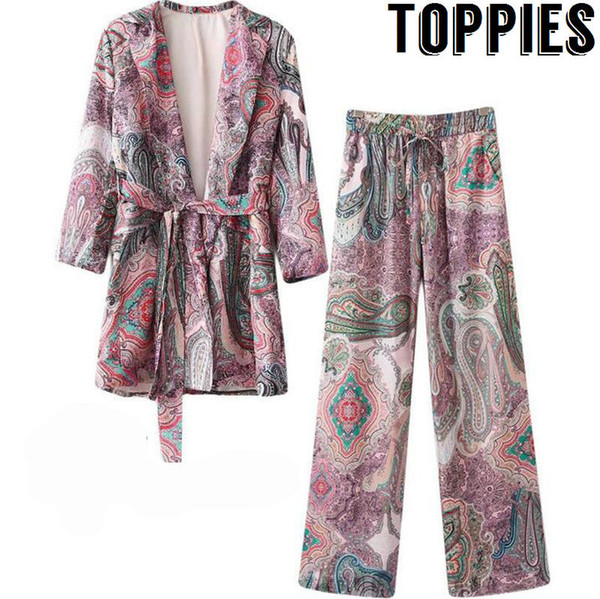 Toppies Women 2018 Chic Purple Paisley Printed Blazer Coat Elastic Waist Long Trousers Vintage Pattern Women Clothing Suits