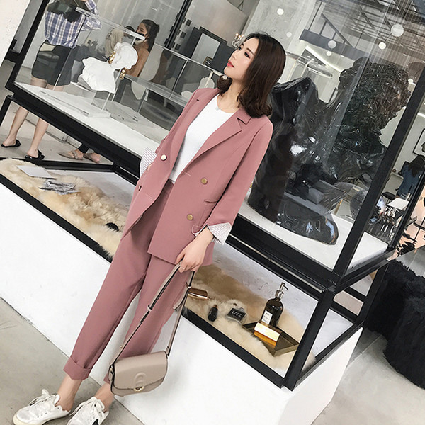 Striped Sleeve Double Breasted Women Pant Suits Notched Blazer & High Waist Pencil Pant Solid OL Style Female 2 Pieces Set 2018