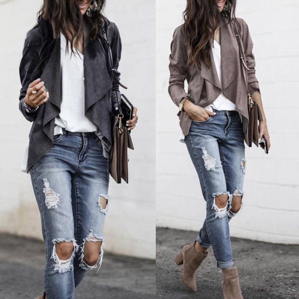 2018 New Womens Long Sleeve Leather Suit casual solid Open Front Short Cardigan Suit Jacket Work Office coat 9.3