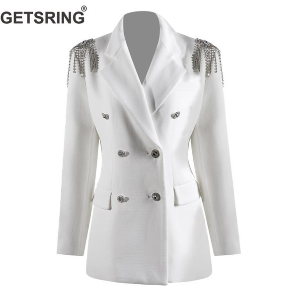 GETSRING Women Blazer Water Drill Tassel White Blazer Womens Blazers Long Sleeve Double Breasted Coat Slim Thin Suit Coat Spring