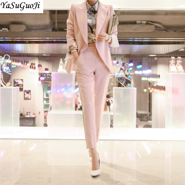 YASUGUJI new 2018 autumn fashion single breasted blazer with pants pink pant suits for women office lady women suits TXF10