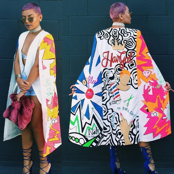 Brand New 2016 Women Long Blazer Jackets Fashion Split Printed Casual Blazer Ladies Cape Suit Thin Women Coat Femininas Outwear