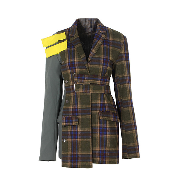 YD-EVER Patchwork Plaid Female Jacket for Women's Blazer Coat Long Sleeve Top Autumn Costume Clothes England Style Big S