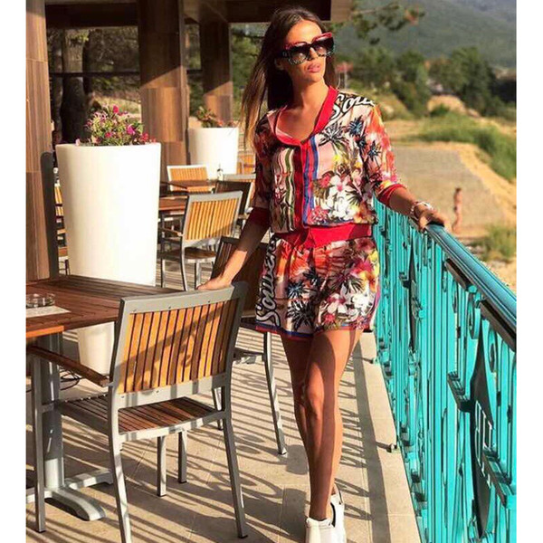 HIGH QUALITY New 2017 Designer Runway Suit Set Women's Gorgeous Floral Printed Shirt Shorts Suit Set Holiday Clothing