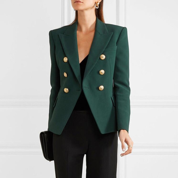 HIGH QUALITY Newest 2018 Designer Blazer Women's Long Sleeve Double Breasted Metal Lion Buttons Blazer Jacket Outer Dark Green