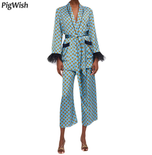Outerwear Vintage Geometric Dot Print Tied Bow Blazer Coat Feminino Feather Tassel Cuff Slim Fit Mid Long Blazers Suits Jacket