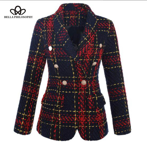 Bella Philosophy 2018 Autumn Double Breasted Long Sleeves Short Coat Plaid Tweed Outwear Office Lady Coat