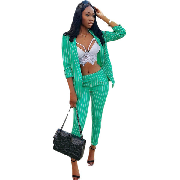Women Pants Suits OL Work 2 Piece Set 2018 Autumn New Fashion Casual Slim Striped Blazer + Long Trousers Suit New Hot