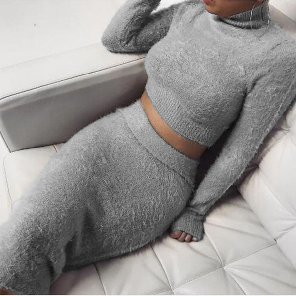 Autumn 2pcs Set Bodycon Dress Sweater Tracksuit Women Bandage Suit Long Sleeve Fleece Crop Top Pencil midi Skirt Solid Tracksuit