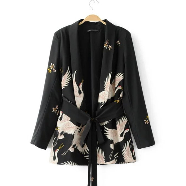 Women Print Kimono Suit jacket sashes Outwear Coat Tops fashion Vintage Retro Loose Jacket Animal Crane 2018