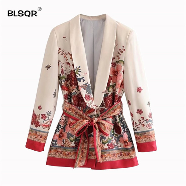 BLSQR Women Elegant Floral Print Blazer Sashes Long Sleeve Outerwear Notched Pocket Office 2018 Casual Tops New Y18110701