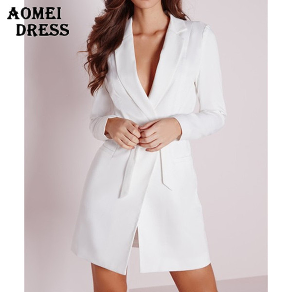 Women Elegant Long Blazer Dress Office Lady Long Sleeve Blasers Clothing Workwear with Belt Blazer Solid Black White Tops Sexy V Neck