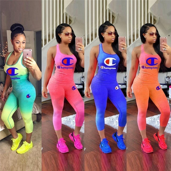 Gradient Color Champions Print Tracksuit Women 2 Piece Set Outfit Sleeveless Tank Top Vest + Tights Leggings Pants Summer Sportswear C33