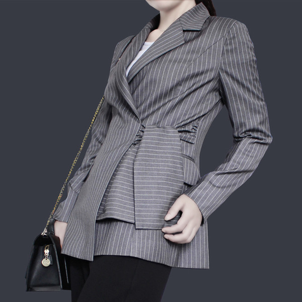 Autumn New Striped Blazer Bandage Empire Waist Notched Irregular Full Sleeve Women's Fashion Casual Jacket