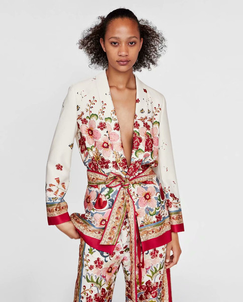 High Quality Red White Floral Print Long Sleeve Outwear Cotton Blazer rock Mango style plus size blazer feminino women coats long Blazer