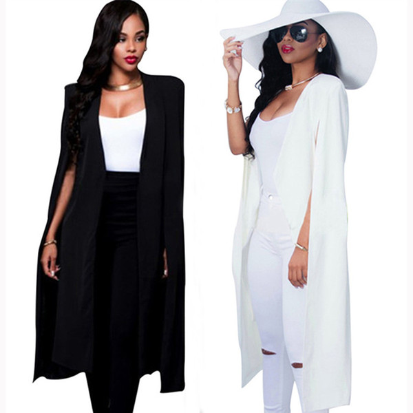 Long Fashion Cloak Cape Blazer Women Coat White Black Lapel Split Long Sleeve Pockets Solid Casual Suit Jacket Workwear