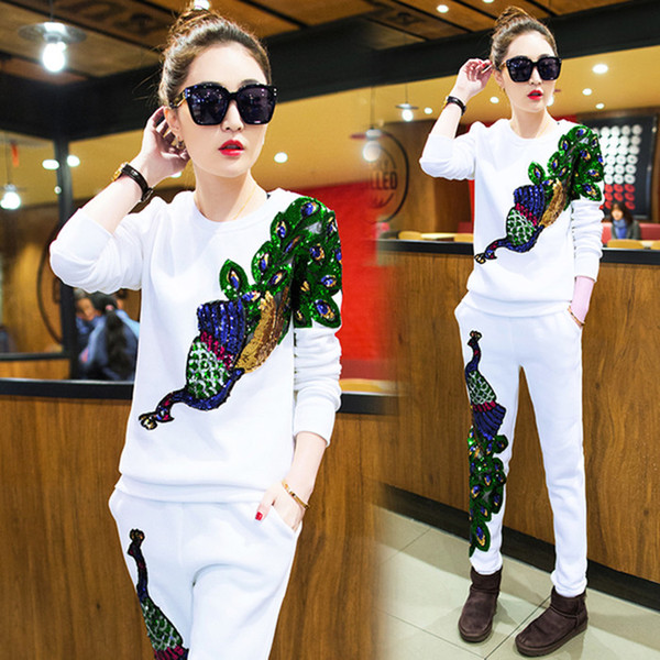 2017 Spring and Summer Female Suit Peacock Cashmere Trousers With Sequins Women's Tracksuits Thin Pullover B142