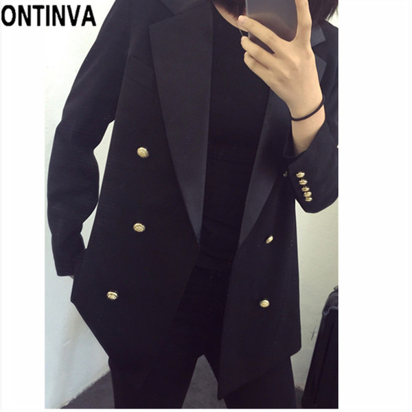 Women Blazers Fashion Double Breasted Plus Size 5XL Chaqueta Office Lady Lapel Long Sleeve Buttoned Slim Fit Jackets Black Coat