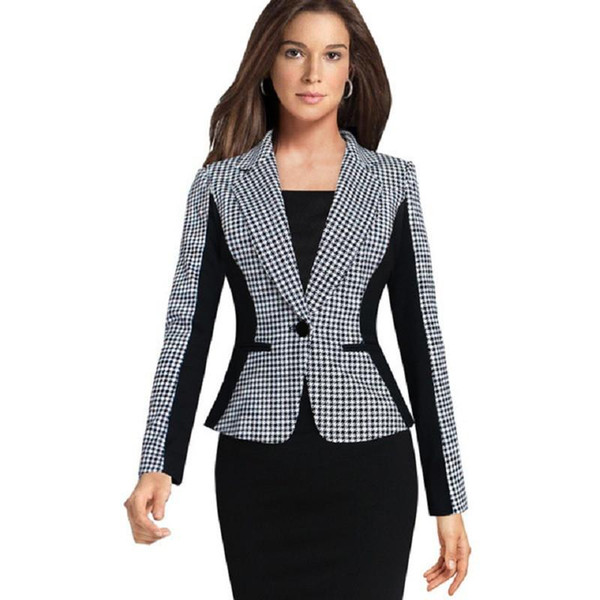 Autumn New Plus Size Women Suit Blazer Houndstooth Stitching Female Business Work Slim Long-Sleeved Short Suits With Patchwork