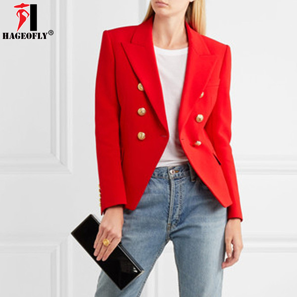 HAGEOFLY Autumn Winter Red Blazer Women Office Slim Formal Jacket Coat Casual Double Breasted Metal Buttons Blazer Workwear Tops