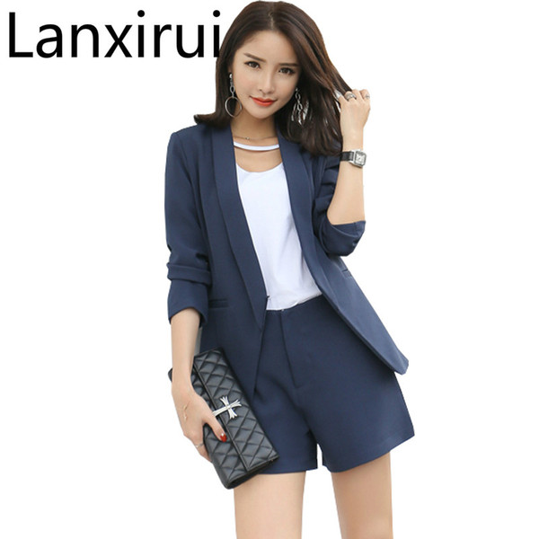 2018 Work Wear Short Pants Suit Women Summer Autumn Long -Sleeved Blazer With Shorts Ol Office Ladies Formal Suits Navy Khaki