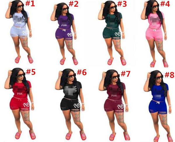 Pink Letter Print Women Outfit Summer Shorts Tracksuit Short Sleeve T Shirt Tops + ripped Holes Shorts 2pcs Jogger Suit