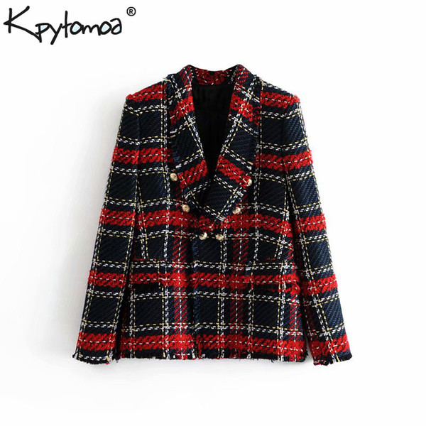Vintage Double Breasted Frayed Checked Tweed Blazers Coat Women 2019 Fashion Pockets Plaid Ladies Outerwear Casual Casaco Femme C18122401